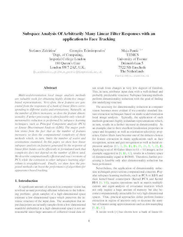 Subspace analysis of arbitrarily many linear filter responses with an application to face tracking Thumbnail