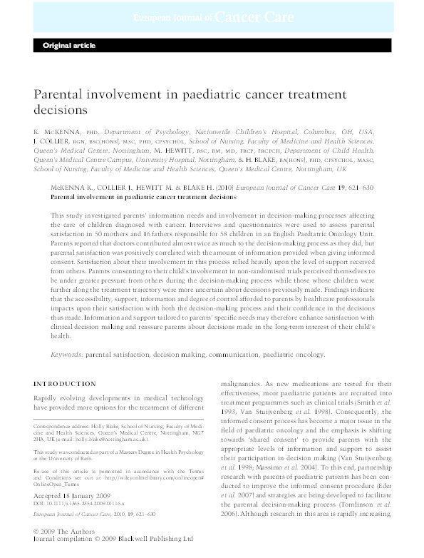 Parental involvement in paediatric cancer treatment decisions Thumbnail