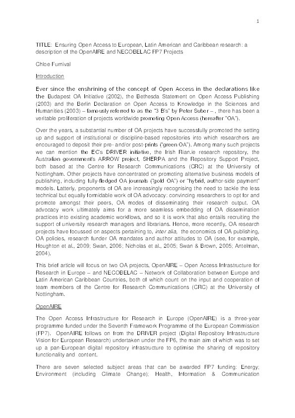Ensuring open access to European, Latin American and Caribbean research: a description of the OpenAIRE and NECOBELAC FP7 Projects Thumbnail