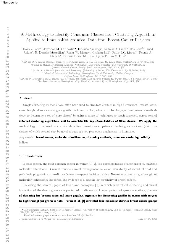 A methodology to identify consensus classes from clustering algorithms applied to immunohistochemical data from breast cancer patients Thumbnail