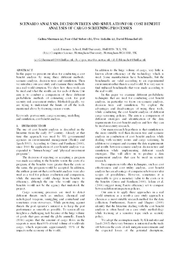 Scenario analysis, decision trees and simulation for cost benefit analysis of the cargo screening process Thumbnail