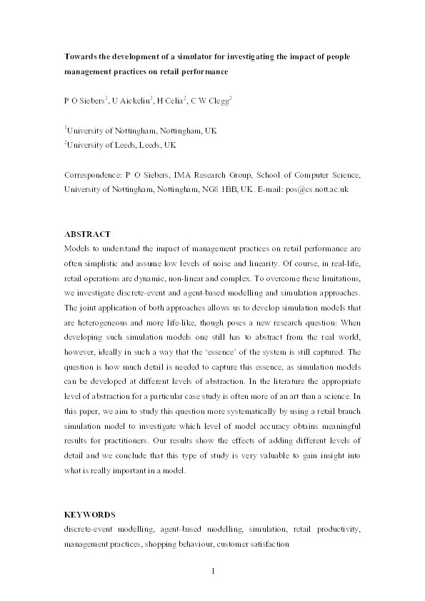 Towards the development of a simulator for investigating the impact of people management practices on retail performance Thumbnail