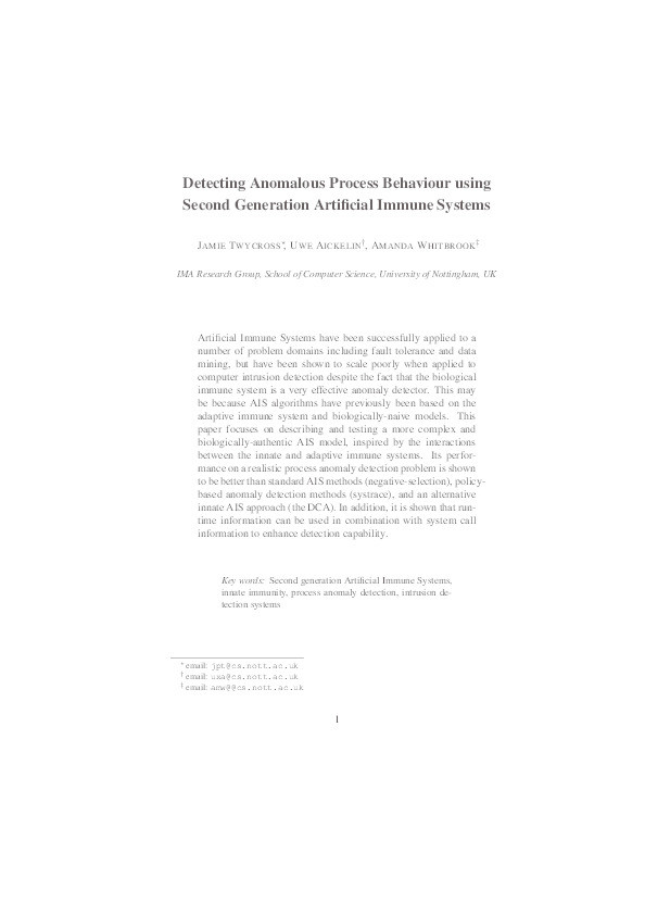 Detecting anomalous process behaviour using second generation Artificial Immune Systems Thumbnail