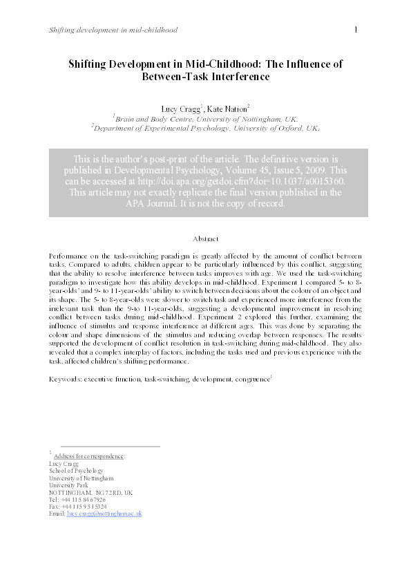 Shifting development in mid-childhood: the influence of between-task interference Thumbnail