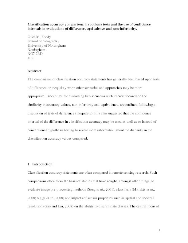 Classification accuracy comparison: hypothesis tests and the use of confidence intervals in evaluations of difference, equivalence and non-inferiority Thumbnail