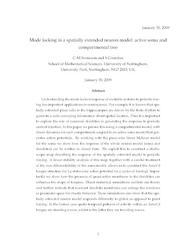 Mode locking in a spatially extended neuron model: Active soma and compartmental tree Thumbnail