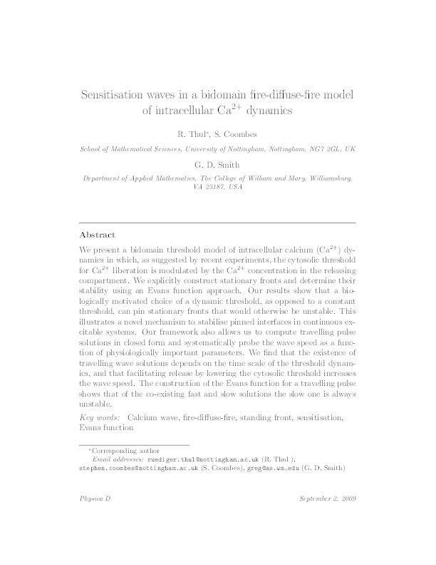 Sensitisation waves in a bidomain fire-diffuse-fire model of intracellular Ca²⁺ dynamics Thumbnail