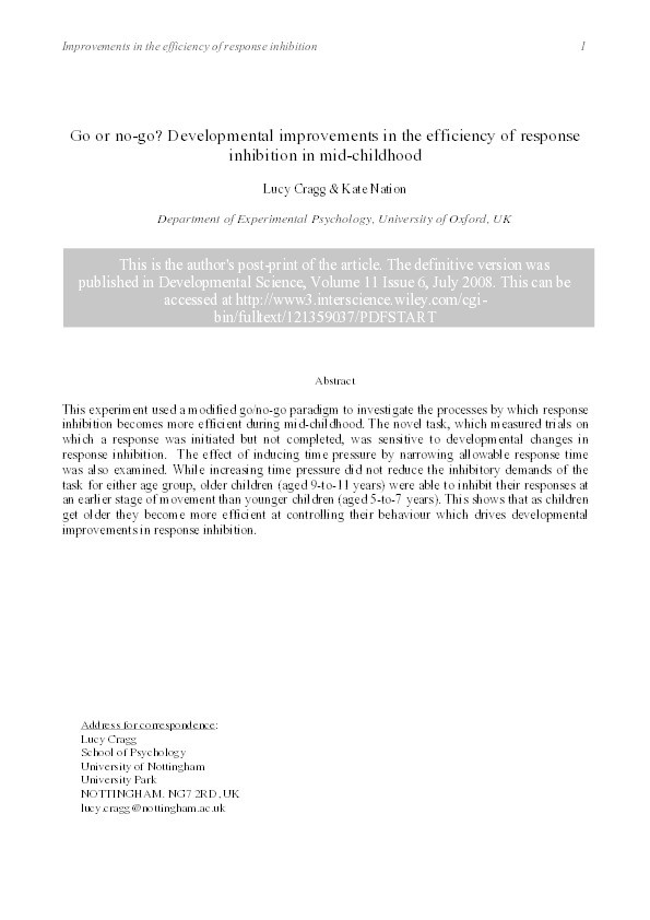 Go or no-go? Developmental improvements in the efficiency of response inhibition in mid-childhood Thumbnail
