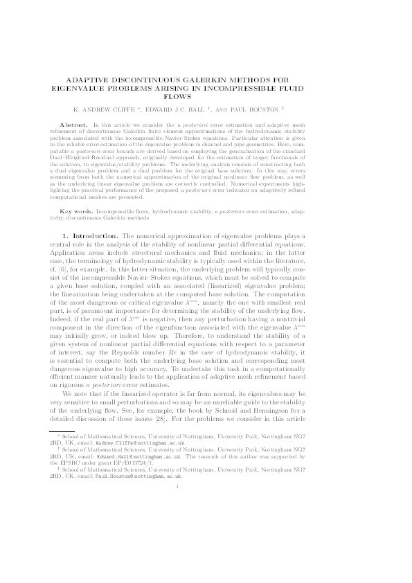 Adaptive discontinuous Galerkin methods for eigenvalue problems arising in incompressible fluid flows Thumbnail