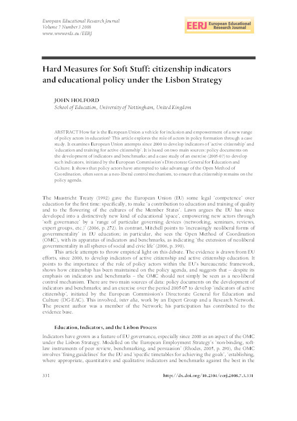 Hard measures for soft stuff: citizenship indicators and educational policy under the Lisbon Strategy Thumbnail