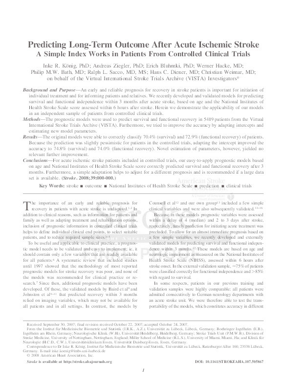 Predicting long-term outcome after acute ischemic stroke: a simple index works in patients from controlled clinical trials Thumbnail