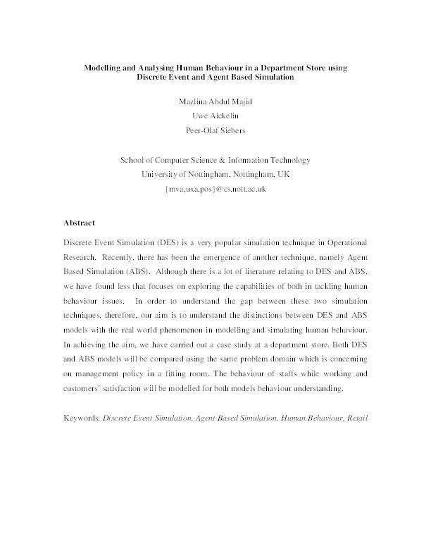 Modelling and analysing human behaviour in a department store using discrete event and agent based simulation Thumbnail