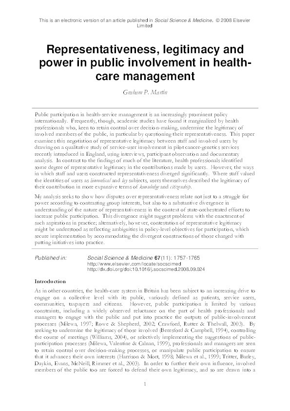 Representativeness, legitimacy and power in public involvement in health-care management Thumbnail