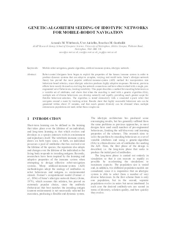 Genetic algorithm seeding of idiotypic networks for mobile-robot navigation Thumbnail