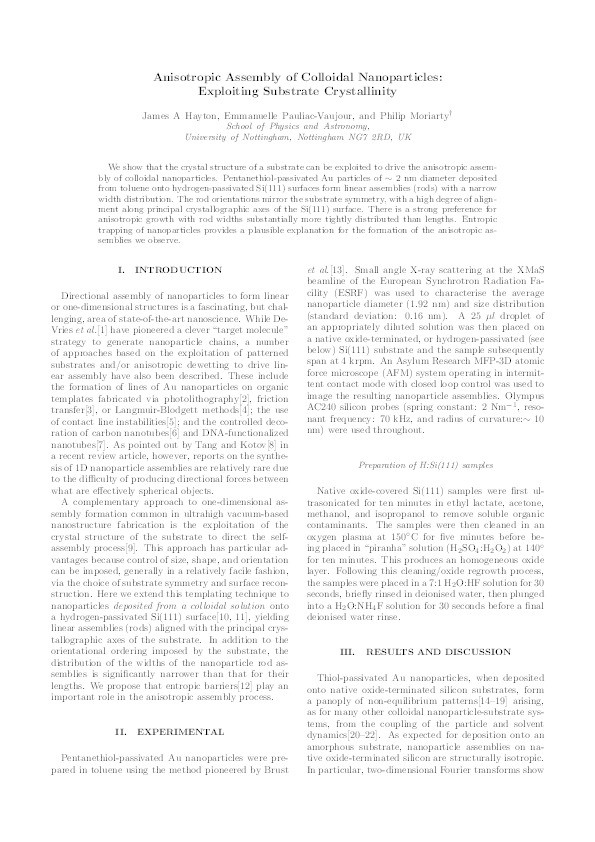 Anisotropic Assembly of Colloidal Nanoparticles: Exploiting Substrate Crystallinity Thumbnail