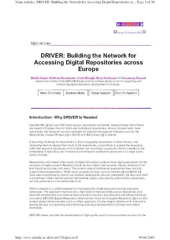 DRIVER: Building the Network for Accessing Digital Repositories across Europe Thumbnail