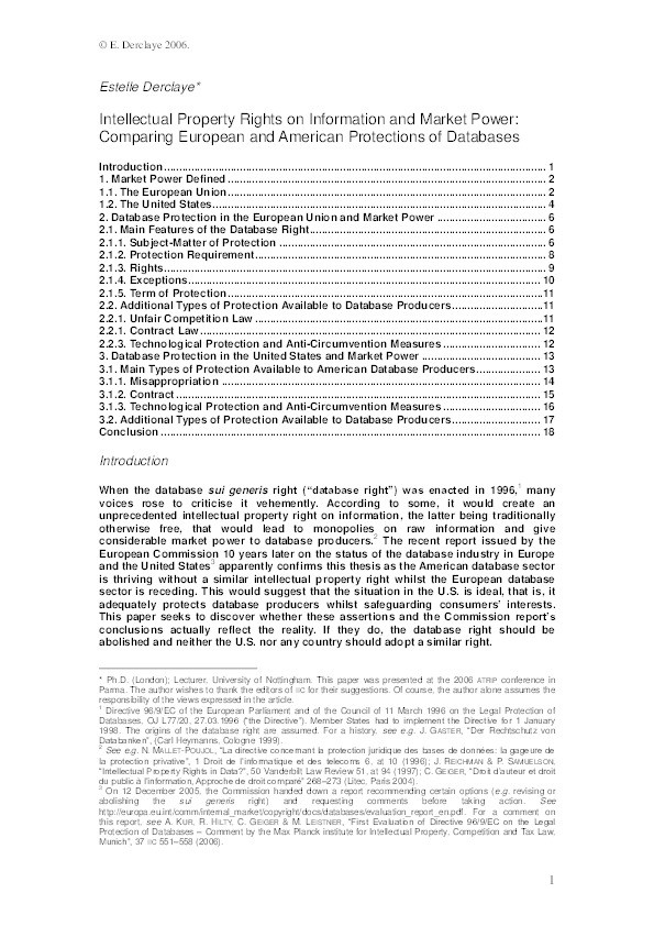 Intellectual property rights on information and market power: comparing the European and American protection of databases Thumbnail