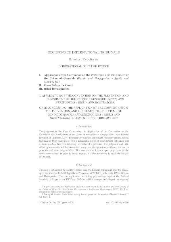 Case Concerning the Application of the Convention on the Prevention and Punishment of the Crime of Genocide (Bosnia and Herzegovina v Serbia and Montenegro) Thumbnail