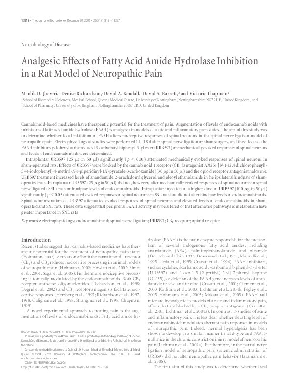 Analgesic Effects of Fatty Acid Amide Hydrolase Inhibition in a Rat Model of Neuropathic Pain Thumbnail