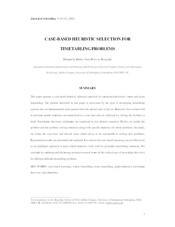 Case Based Heuristic Selection for Timetabling Problems Thumbnail