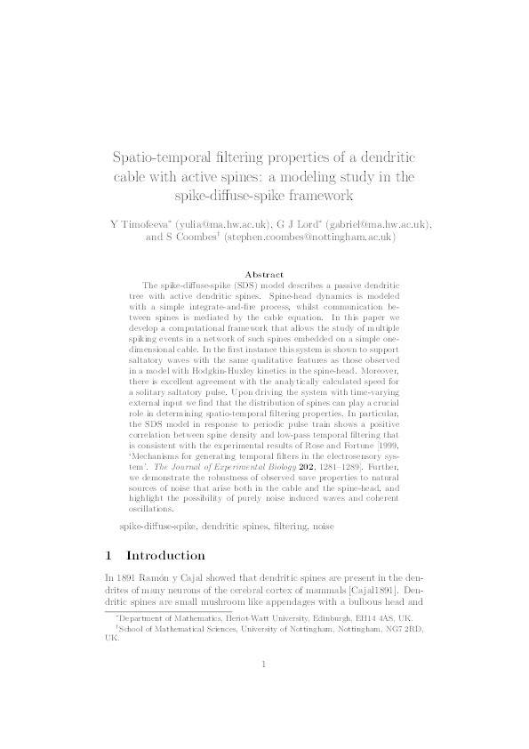 Spatio-temporal filtering properties of a dendritic cable with active spines: A modeling study in the spike-diffuse-spike framework Thumbnail