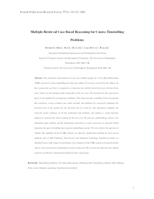 Multiple-retrieval case-based reasoning for course timetabling problems Thumbnail