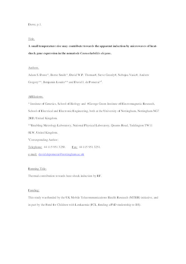 A small temperature rise may contribute towards the apparent induction by microwaves of heatshock gene expression in the nematode Caenorhabditis elegans Thumbnail