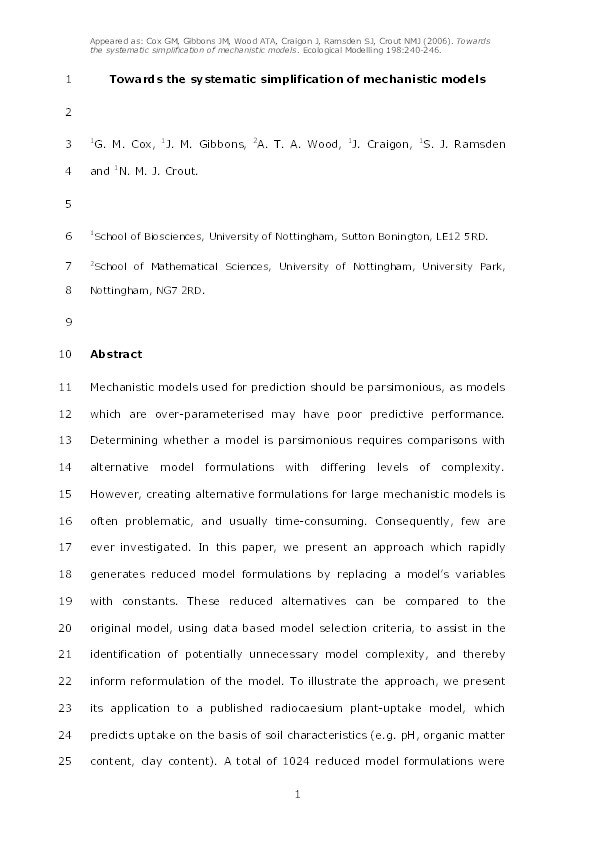 Towards the systematic simplification of mechanistic models Thumbnail