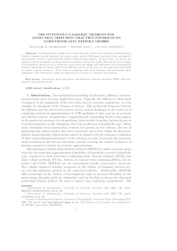 Discontinuous Galerkin Methods for Advection-Diffusion-Reaction Problems on Anisotropically Refined Meshes Thumbnail