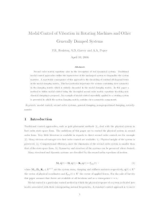 Modal Control of Vibration in Rotating Machines and Other Generally Damped Systems Thumbnail