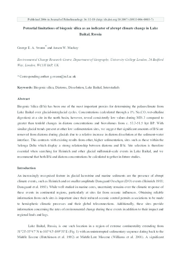 Potential limitations of biogenic silica as an indicator of abrupt climate change in Lake Baikal, Russia Thumbnail