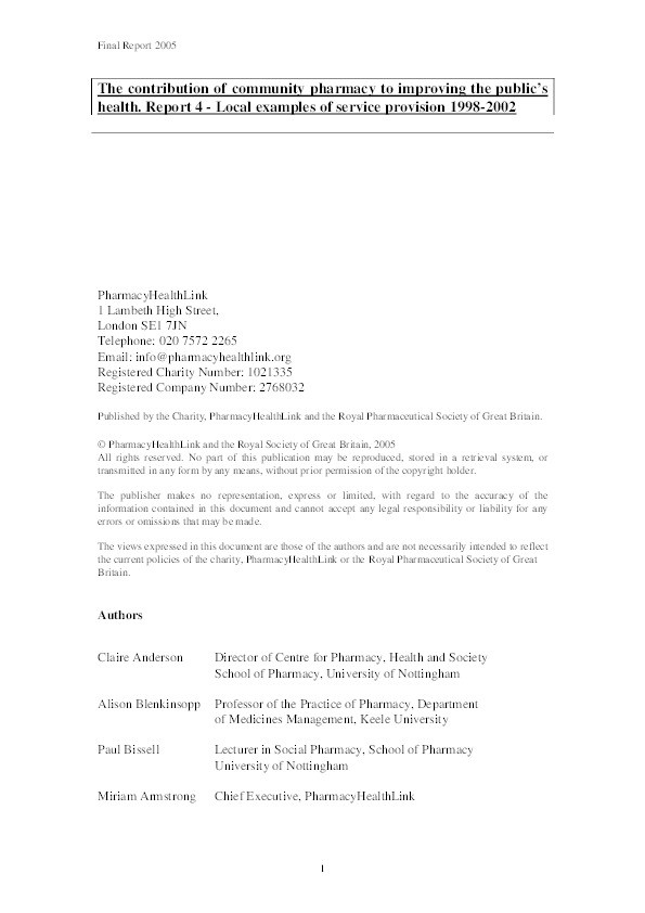 The contribution of community pharmacy to improving the public’s health. Report 4, Local examples of service provision 1998-2002 Thumbnail