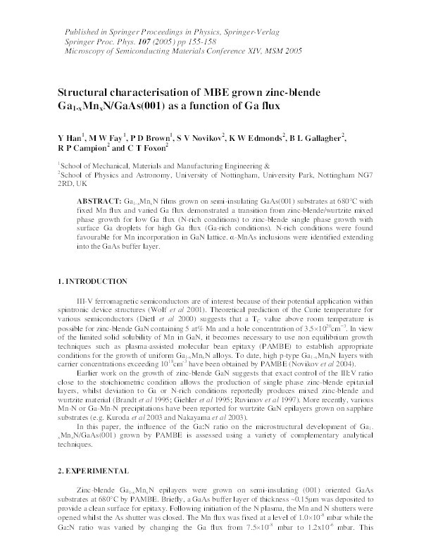 Structural characterisation of MBE grown zinc-blende Ga1-xMnxN/GaAs(001) as a function of Ga flux Thumbnail