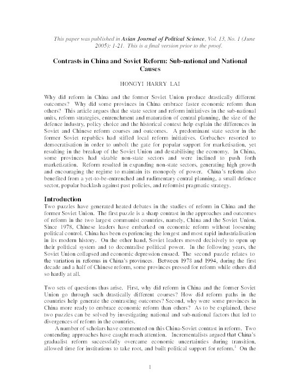 Contrasts in China and Soviet reform: sub-national and national causes Thumbnail