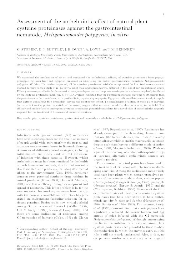 Assessment of the anthelmintic effect of natural plant cysteine proteinases against the gastrointestinal nematode, Heligmosomoides polygyrus, in vitro Thumbnail