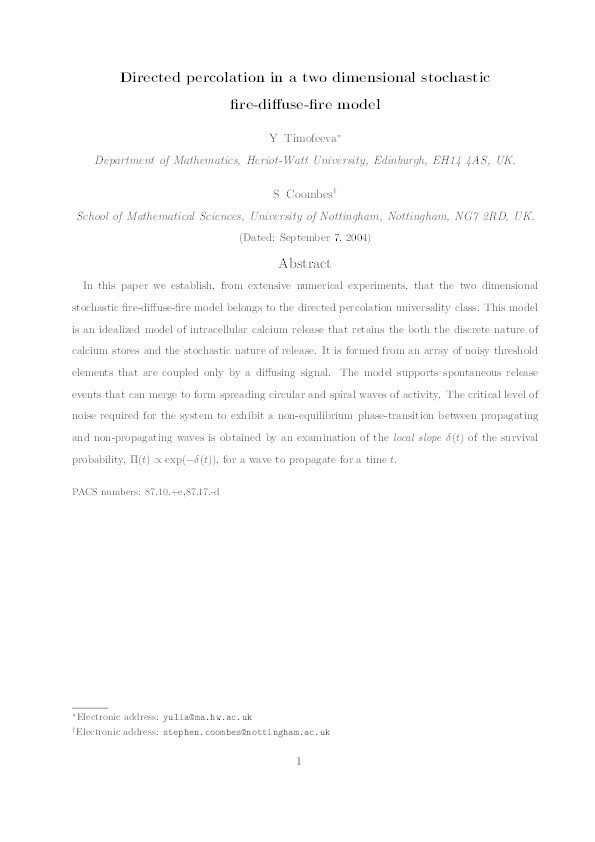 Directed percolation in a two dimensional stochastic fire-diffuse-fire model Thumbnail