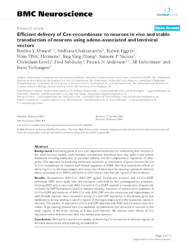 Efficient delivery of Cre-recombinase to neurons in vivo and stable transduction of neurons using adeno-associated and lentiviral vectors Thumbnail