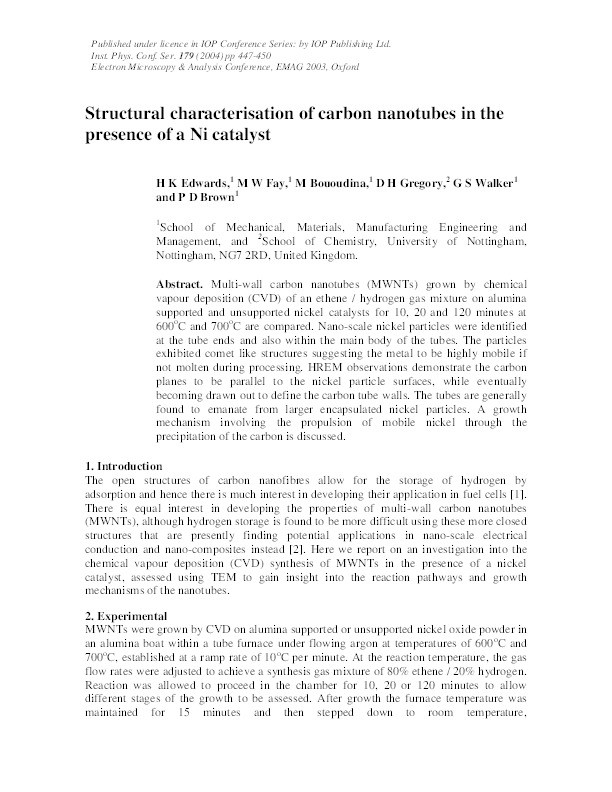 Structural characterisation of carbon nanotubes in the presence of a Ni catalyst Thumbnail