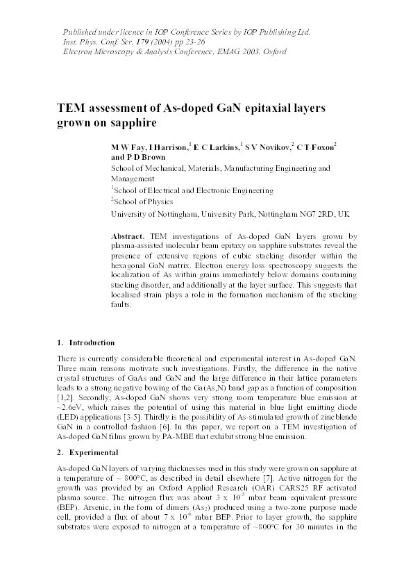 TEM assessment of As-doped GaN epitaxial layers grown on sapphire Thumbnail