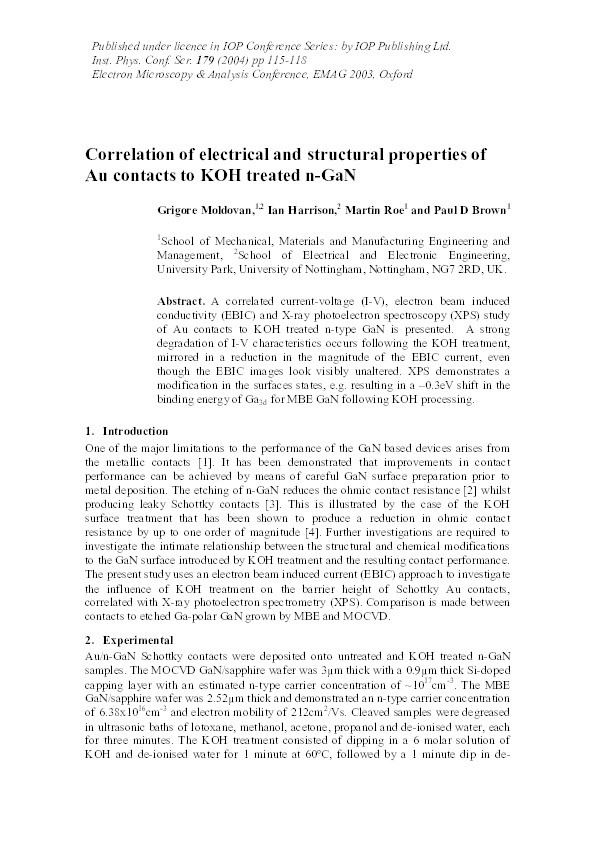 Correlation of electrical and structural properties of Au contacts to KOH treated n-GaN Thumbnail