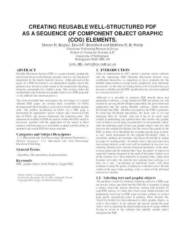 Creating reusable well-structured pdf as a sequence of component object graphic (cog) elements Thumbnail