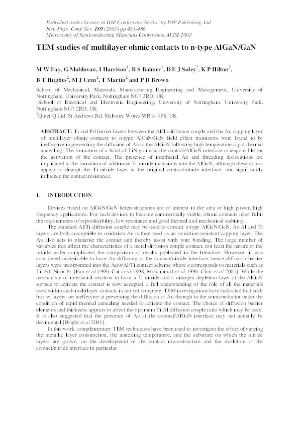 TEM studies of multilayer ohmic contacts to n-type AlGaN/GaN Thumbnail