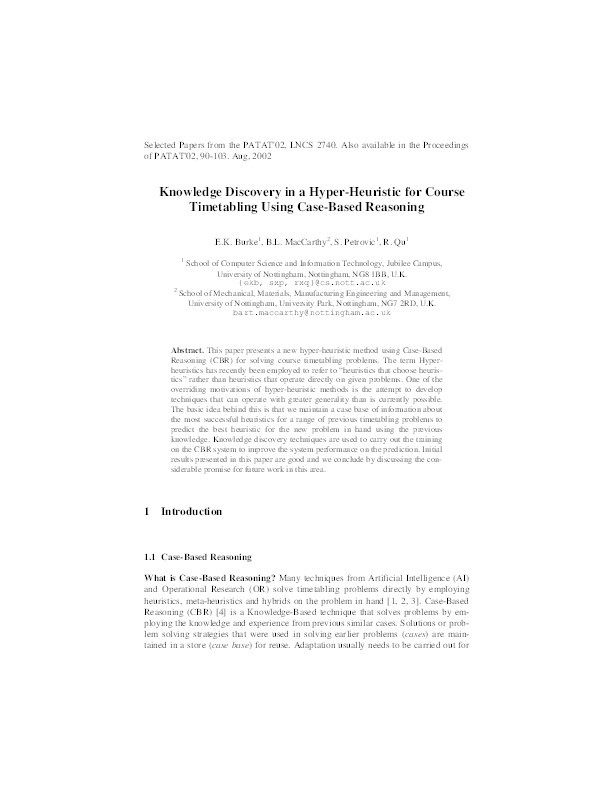 Knowledge discovery in hyper-heuristic using case-based reasoning on course timetabling Thumbnail