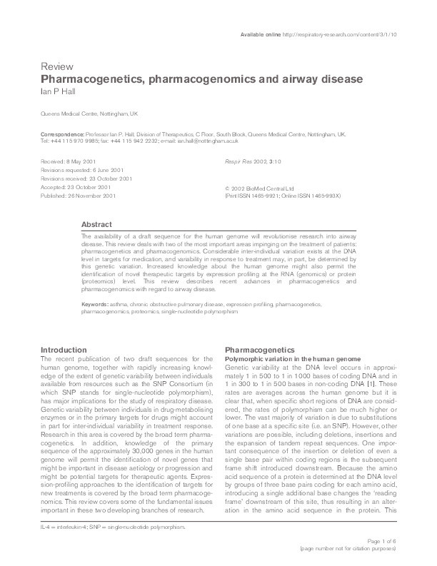 Pharmacogenetics, pharmacogenomics and airway disease Thumbnail