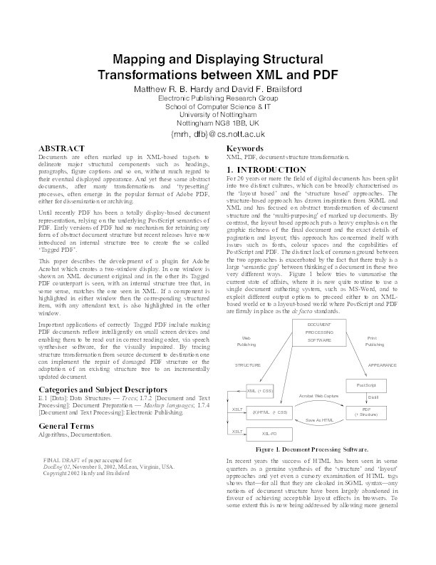 Mapping and Displaying Structural Transformations between XML and PDF Thumbnail