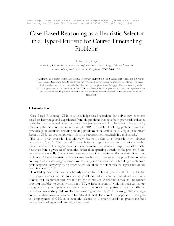 Case-Based Reasoning as a Heuristic Selector in a Hyper-Heuristic for Course Timetabling Problems Thumbnail