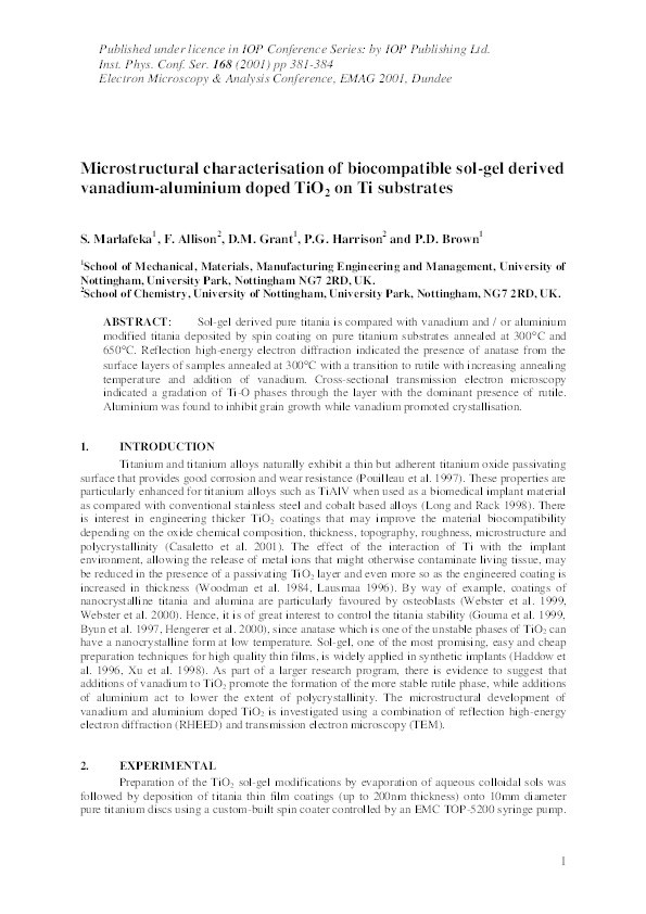 Microstructural characterisation of biocompatible sol-gel derived vanadium doped TiO2 on Ti substrates Thumbnail