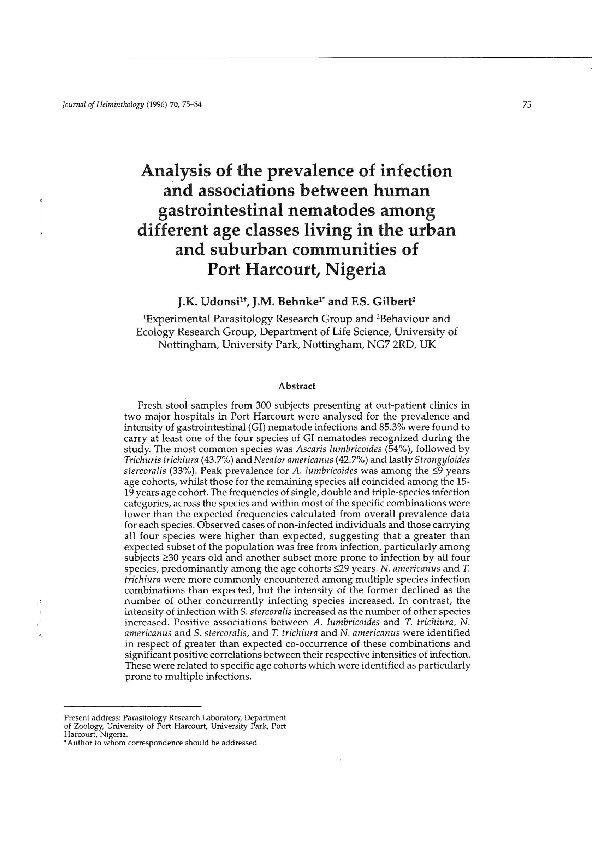 Analysis of the prevalence of infection and associations between human gastrointestinal nematodes among different age classes living in the urban and suburban communities of Port Harcourt, Nigeria Thumbnail