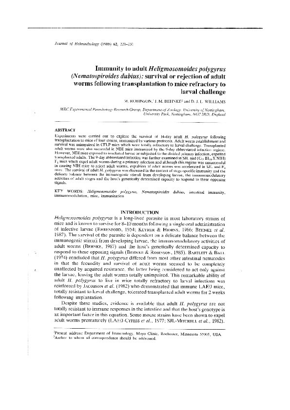 Immunity to adult Heligmosomoides polygyrus (Nematospiroides dubius): survival or rejection of adult worms following transplantation to mice refractory to larval challenge Thumbnail