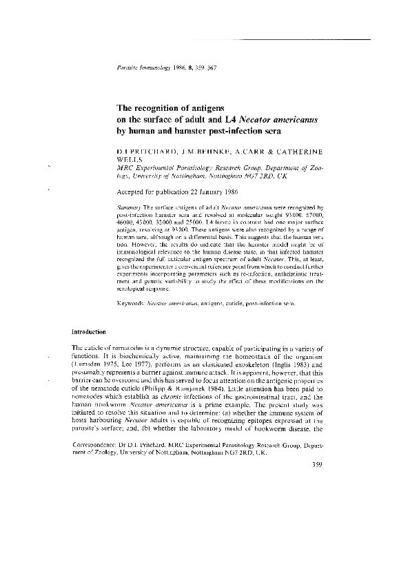 The recognition of antigens on the surface of adult and L4 Necator americanus by human and hamster post-infection sera Thumbnail